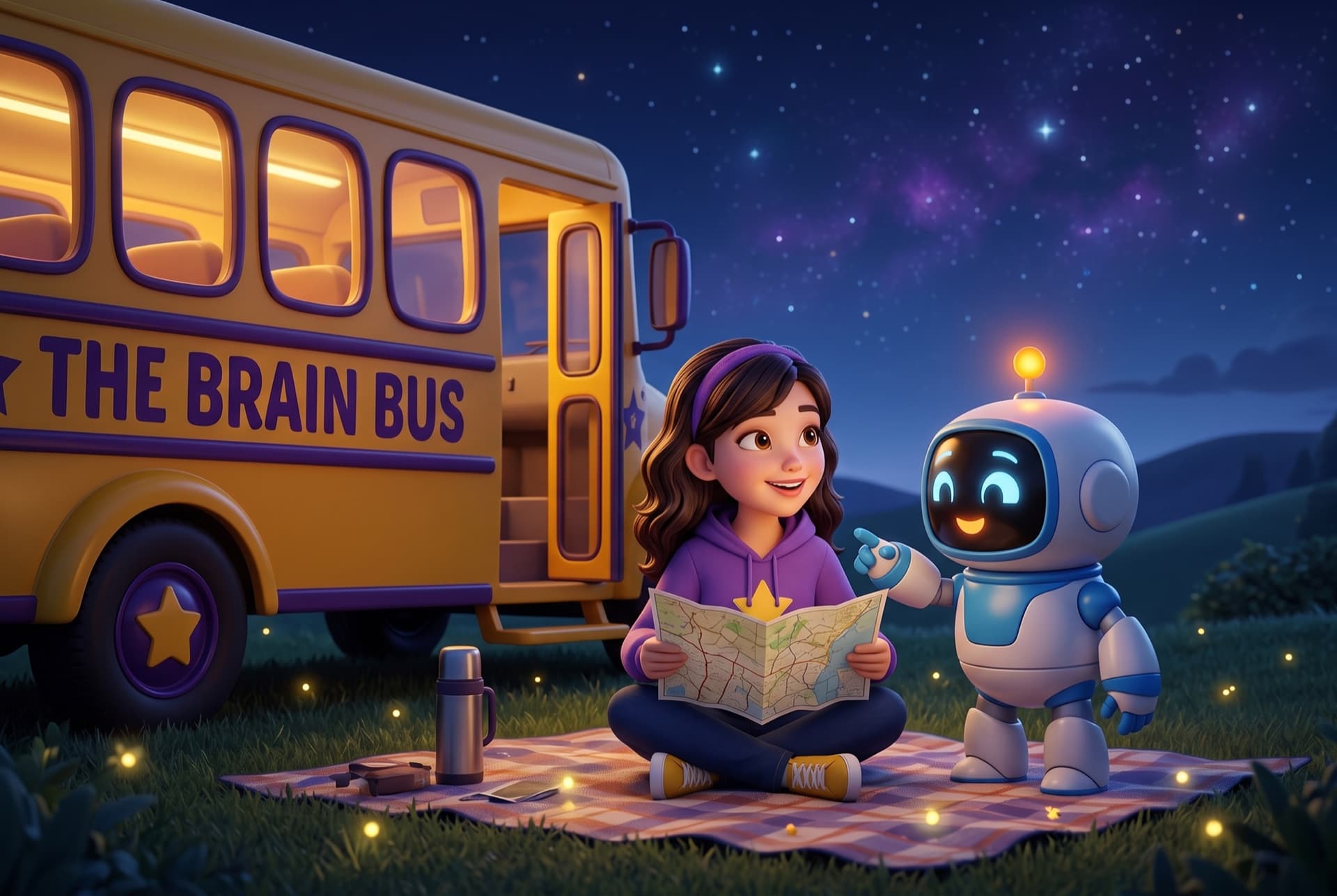 Nova and Cosmo planning the next Brain Bus stop over a map, beside the bus at dusk